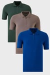 Pamuklu Regular Fit Yarım Fermuarlı 3'lü Paket Erkek Polo Yaka T Shirt 5903008S3 Nefti-Saks-Toprak