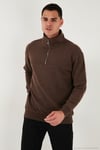 Pamuklu Regular Fit Yarım Fermuarlı Dik Yaka Erkek Kazak 456112 KAHVE