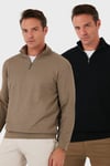 Pamuklu Regular Fit Yarım Fermuarlı Dik Yaka 2'li Paket Erkek Sweat 5905716S2 Koyu Vizon-Siyah