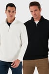 Pamuklu Regular Fit Yarım Fermuarlı Dik Yaka 2'li Paket Erkek Sweat 5905716S2 EKRU-SİYAH