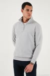 Pamuklu Regular Fit Yarım Fermuarlı Dik Yaka Erkek Kazak 456112 AÇIK GRİ