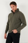 Pamuklu Regular Fit Yarım Fermuarlı Dik Yaka Erkek Kazak 456112 HAKİ
