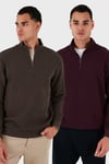 Pamuklu Regular Fit Yarım Fermuarlı Dik Yaka 2'li Paket Erkek Sweat 5905716S2 Koyu Kahve-Vişne