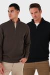 Pamuklu Regular Fit Yarım Fermuarlı Dik Yaka 2'li Paket Erkek Sweat 5905716S2 SİYAH-KOYU KAHVE