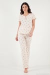Pamuklu Regular Fit Yumuşak Dokulu Düğmeli V Yaka Kadın Pijama Takımı 65770755 EKRU