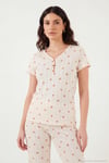 Pamuklu Regular Fit Yumuşak Dokulu Düğmeli V Yaka Kadın Pijama Takımı 65770755 EKRU