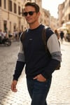 Pamuklu Relaxed Fit Bisiklet Yaka Şardonlu Renk Bloklu Erkek Sweat 5905298T KOYU LACİVERT