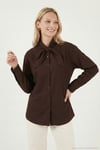 Pamuklu Relaxed Fit Fiyonk Detaylı Yaka Kadın Gömlek 6925407 KAHVE