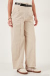 Pamuklu Relaxed Fit Geniş Paça Dikiş Detaylı Kemerli Kadın Pantolon 68351208 TAŞ