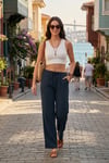 Pamuklu Relaxed Fit Geniş Paça Müslin Kadın Pantolon 668YP5502 LACİVERT