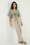 Pamuklu Relaxed Fit Geniş Paça Müslin Kadın Pantolon 668YP5502 TAŞ