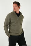 Pamuklu Relaxed Fit Yarım Fermuarlı Sıfır Yaka Örme Erkek Sweat 5901076 HAKİ