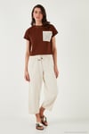 Pamuklu Relaxed Fit Yüksek Bel Geniş Kısa Paça Kadın Pantolon 668YP5318 TAŞ