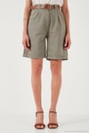 Pamuklu Relaxed Fit Yüksel Bel Kemerli Gabardin Short Kadın Şort 668YP4710 AÇIK HAKİ