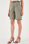 Pamuklu Relaxed Fit Yüksel Bel Kemerli Gabardin Short Kadın Şort 668YP4710 AÇIK HAKİ