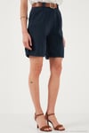 Pamuklu Relaxed Fit Yüksel Bel Kemerli Gabardin Short Kadın Şort 668YP4710 LACİVERT