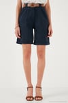Pamuklu Relaxed Fit Yüksel Bel Kemerli Gabardin Short Kadın Şort 668YP4710 LACİVERT