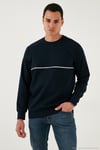 Pamuklu Şerit Detaylı Relaxed Fit Bisiklet Yaka Erkek Sweat 5901227 LACİVERT