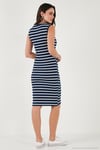 Pamuklu Slim Fit Bisiklet Yaka Çizgili Kadın Elbise 5866168 İNDİGO-BEYAZ