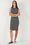 Pamuklu Slim Fit Bisiklet Yaka Çizgili Kadın Elbise 5866168 SİYAH-BEYAZ