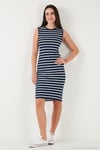 Pamuklu Slim Fit Bisiklet Yaka Çizgili Kadın Elbise 5866168 İNDİGO-BEYAZ