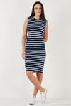 Pamuklu Slim Fit Bisiklet Yaka Çizgili Kadın Elbise 5866168 İNDİGO-BEYAZ