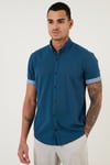 Pamuklu Slim Fit Düğmeli Yaka Kısa Kollu Erkek Gömlek CF21S112546 İNDİGO