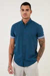 Pamuklu Slim Fit Düğmeli Yaka Kısa Kollu Erkek Gömlek CF21S112546 İNDİGO
