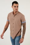 Pamuklu Slim Fit Düğmeli Yaka Kısa Kollu Erkek Gömlek CF21S112546 TOPRAK