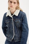 Pamuklu Slim Fit Gömlek Yaka Sherpa Trucker Kadın Kot Ceket 36136-0063 KOYU MAVİ