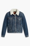 Pamuklu Slim Fit Gömlek Yaka Sherpa Trucker Kadın Kot Ceket 36136-0063 KOYU MAVİ