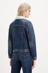 Pamuklu Slim Fit Gömlek Yaka Sherpa Trucker Kadın Kot Ceket 36136-0063 KOYU MAVİ