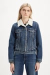 Pamuklu Slim Fit Gömlek Yaka Sherpa Trucker Kadın Kot Ceket 36136-0063 KOYU MAVİ
