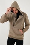 Pamuklu Slim Fit Kanguru Cepli Fermuar Detaylı Kapüşon Yaka Erkek Sweat 575707 Vizon Yeşili