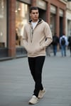 Pamuklu Slim Fit Kanguru Cepli Fermuar Detaylı Kapüşon Yaka Erkek Sweat 575707 KUM
