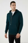 Pamuklu Slim Fit Kanguru Cepli Fermuar Detaylı Kapüşon Yaka Erkek Sweat 575707 PETROL