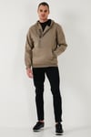 Pamuklu Slim Fit Kanguru Cepli Fermuar Detaylı Kapüşon Yaka Erkek Sweat 575707 Vizon Yeşili