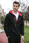 Pamuklu Slim Fit Kanguru Cepli Fermuar Detaylı Kapüşon Yaka Erkek Sweat 575707 SİYAH-KIRMIZI