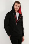 Pamuklu Slim Fit Kanguru Cepli Fermuar Detaylı Kapüşon Yaka Erkek Sweat 575707 SİYAH-KIRMIZI