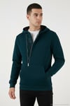 Pamuklu Slim Fit Kanguru Cepli Fermuar Detaylı Kapüşon Yaka Erkek Sweat 575707 PETROL