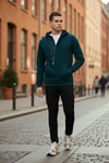 Pamuklu Slim Fit Kanguru Cepli Fermuar Detaylı Kapüşon Yaka Erkek Sweat 575707 PETROL