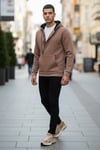 Pamuklu Slim Fit Kanguru Cepli Fermuar Detaylı Kapüşon Yaka Erkek Sweat 575707 SÜTLÜ KAHVE