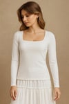 Pamuklu Slim Fit Kare Yaka Kadın Bluz 26K0019K1 EKRU