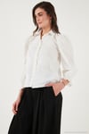 Pamuklu Slim Fit Nakışlı Balon Kol Kadın Gömlek 676208 EKRU
