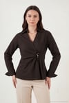 Pamuklu Slim Fit Toka Detaylı Uzun Kollu Kadın Gömlek 6778317 KAHVE