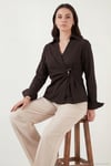 Pamuklu Slim Fit Toka Detaylı Uzun Kollu Kadın Gömlek 6778317 KAHVE