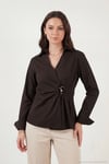 Pamuklu Slim Fit Toka Detaylı Uzun Kollu Kadın Gömlek 6778317 KAHVE