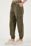 Pamuklu Standart Fit Normal Bel Lastikli Paça Kemerli Jogger Kadın Pantolon 668YP5045 HAKİ