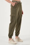 Pamuklu Standart Fit Normal Bel Lastikli Paça Kemerli Jogger Kadın Pantolon 668YP5045 HAKİ