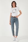 Pamuklu Standart Fit Yüksek Bel Dar Paça Kemerli Kot Kadın Pantolon 668YP4475 MAVİ